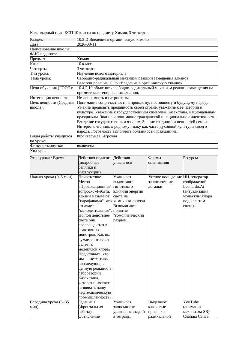 КСП Химия 10класс 3 четверть Свободно радикальный механизм реакции
