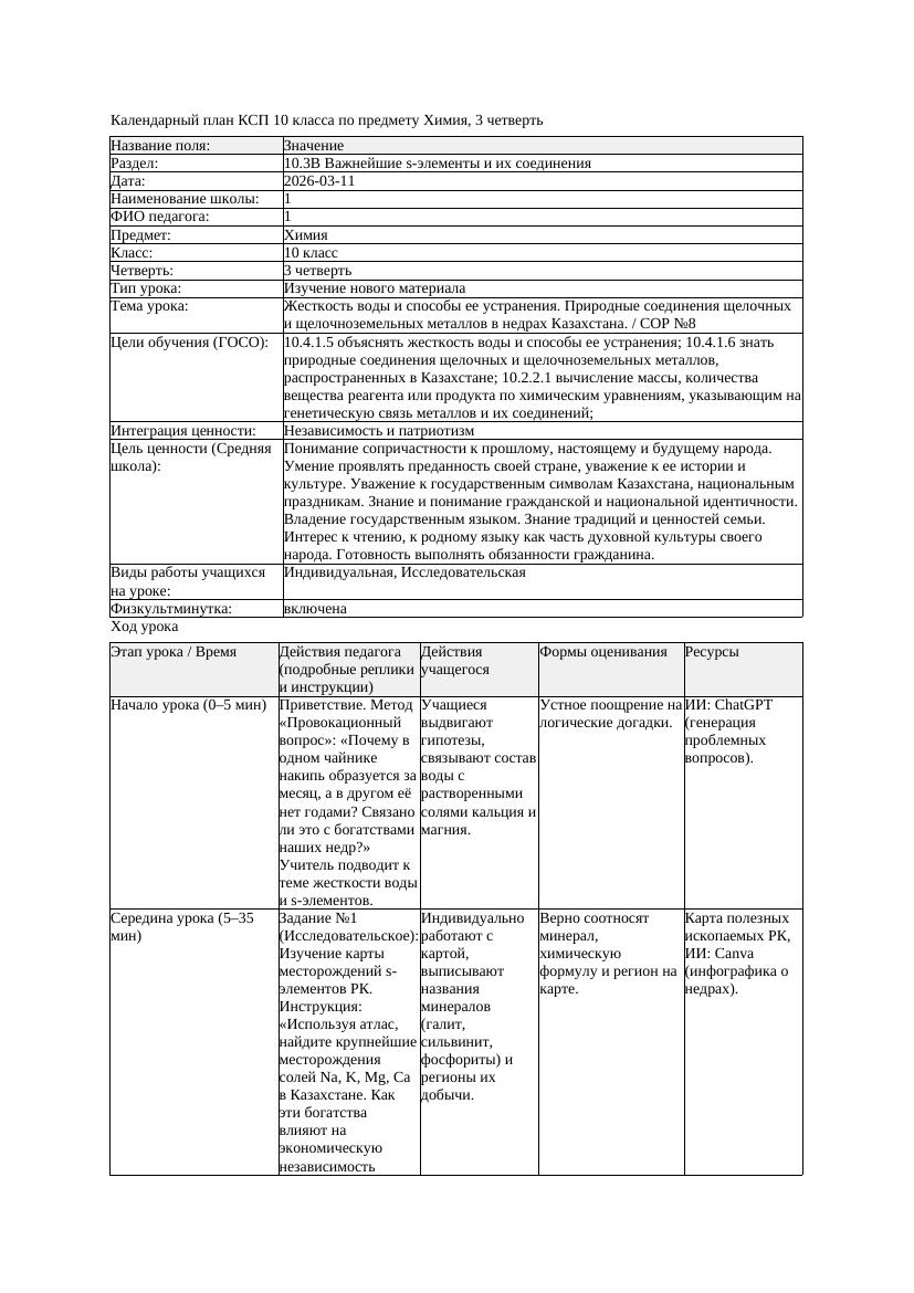 КСП Химия 10класс 3 четверть Жесткость воды и способы ее устранения