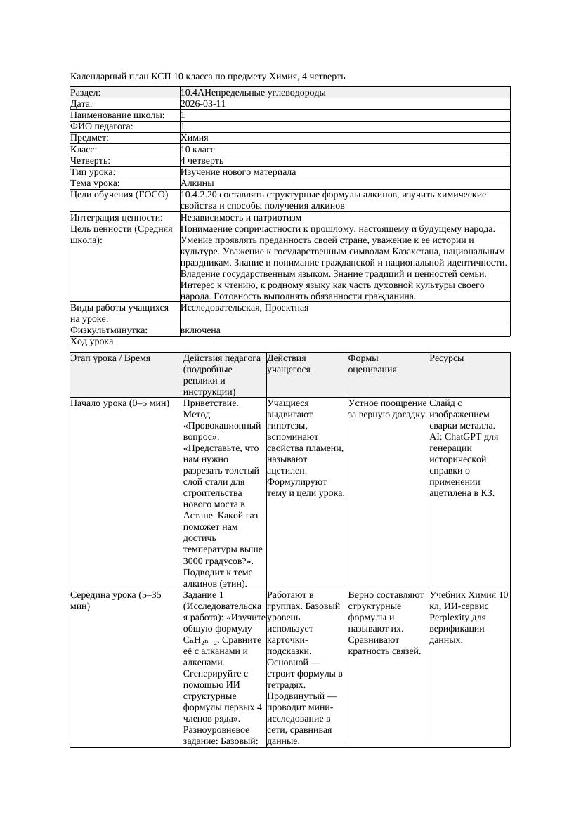 КСП Химия 10класс 4 четверть Алкины 20260311 docx