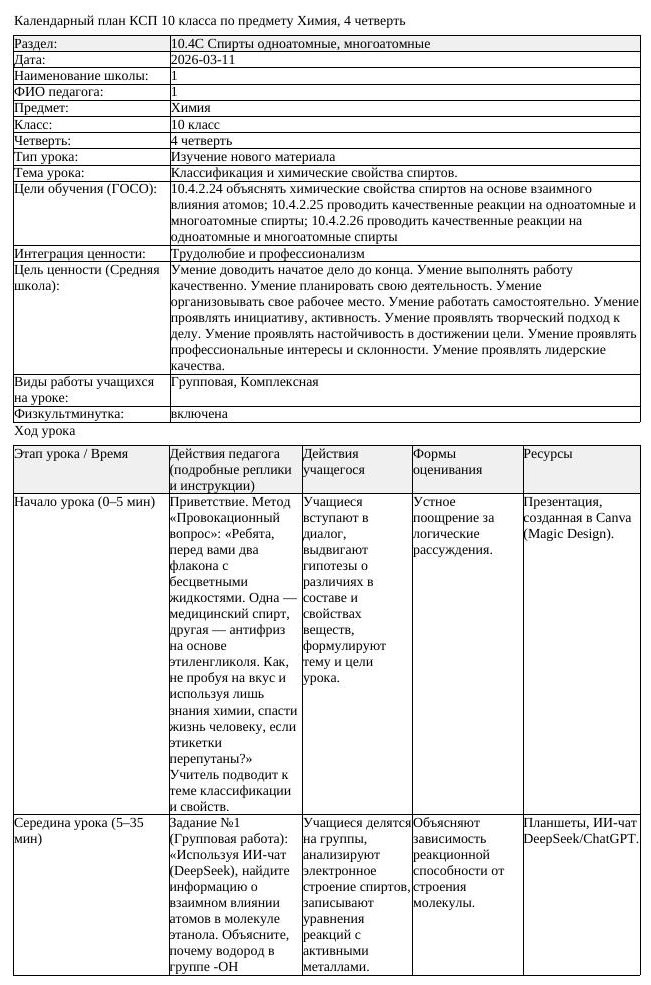 КСП Химия 10класс 4 четверть Классификация и химические свойства