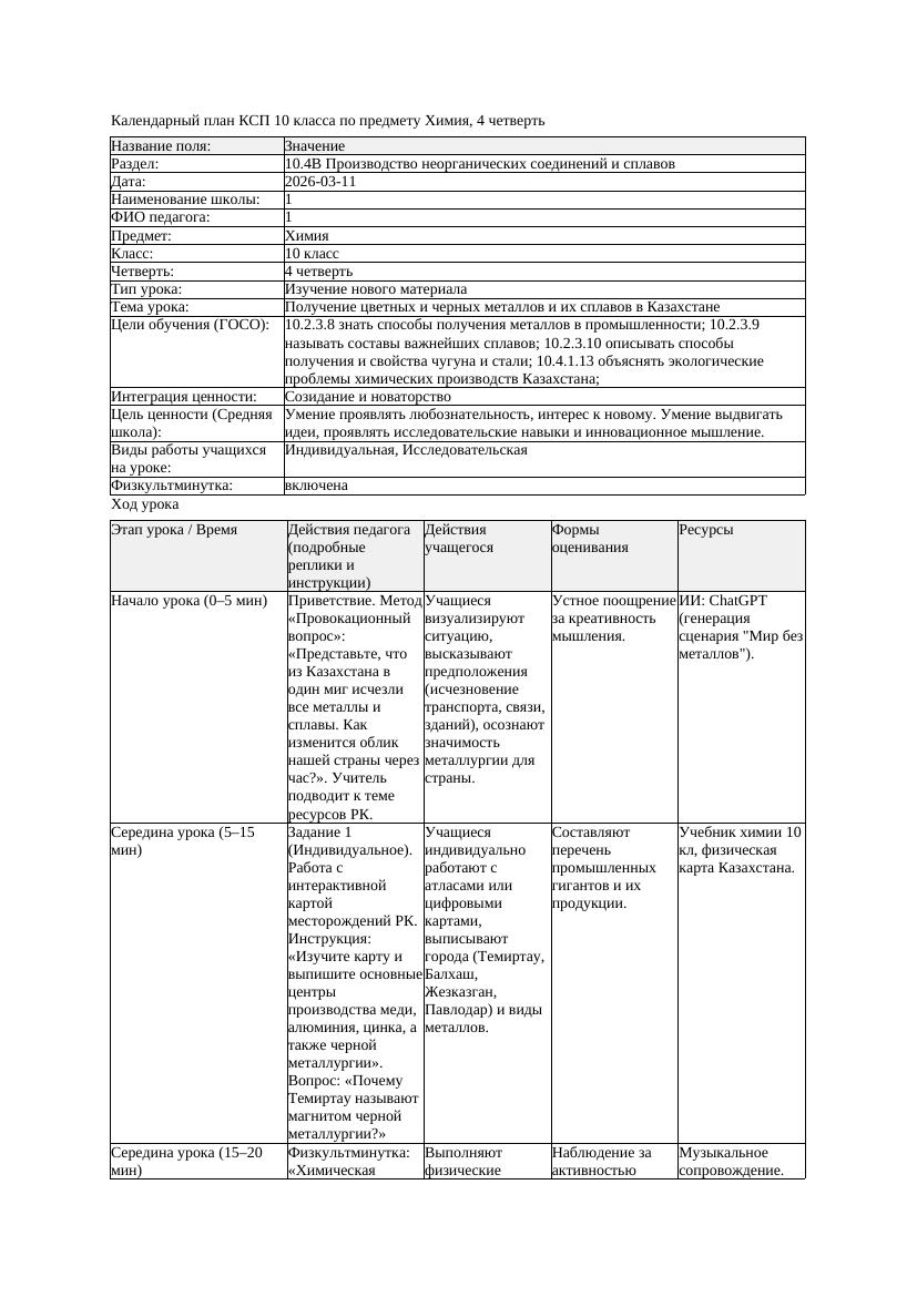 КСП Химия 10класс 4 четверть Получение цветных и черных металлов