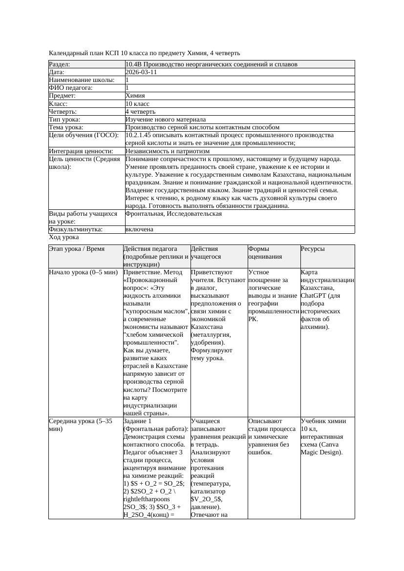КСП Химия 10класс 4 четверть Производство серной кислоты контактным