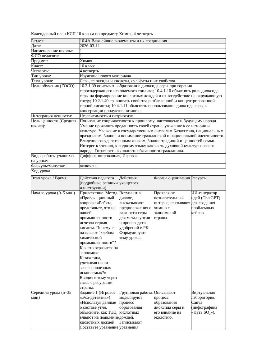 КСП Химия 10класс 4 четверть Сера ее оксиды и кислоты сульфаты и