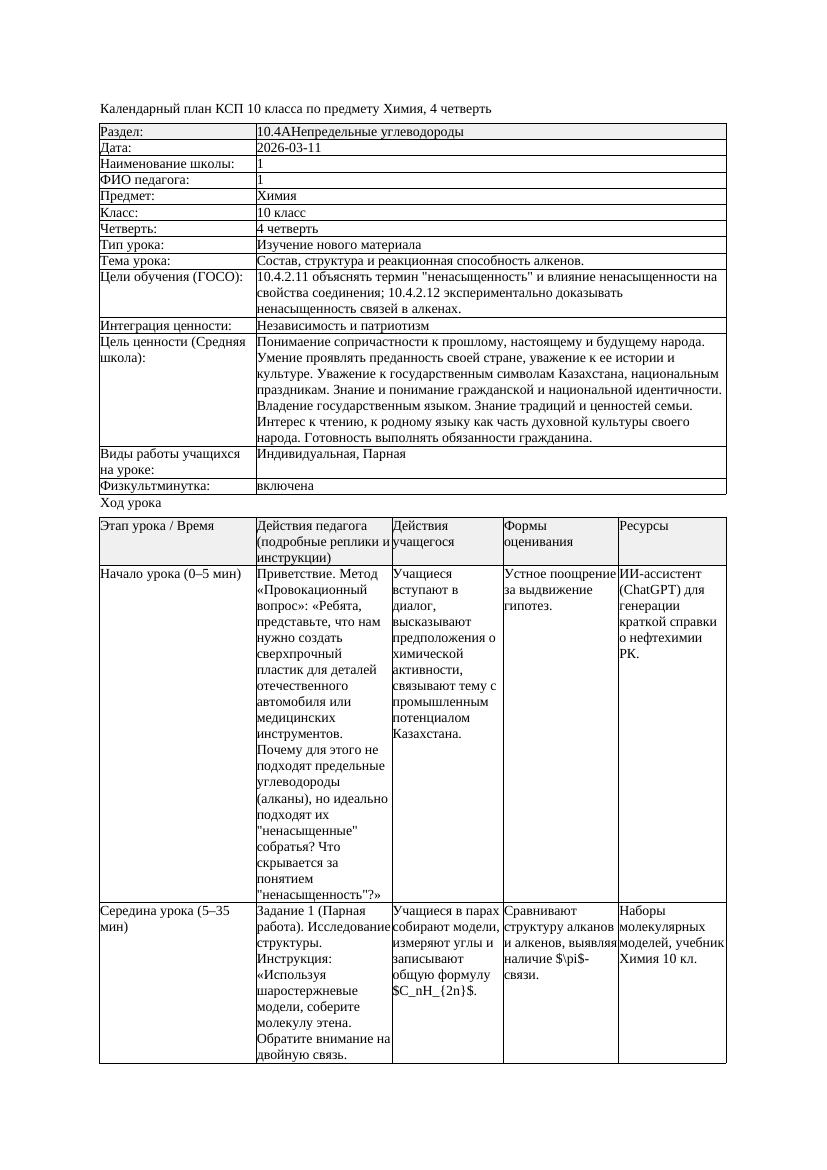 КСП Химия 10класс 4 четверть Состав структура и реакционная способность
