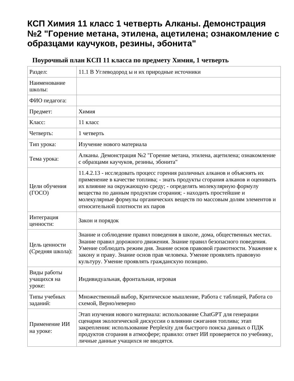 КСП Химия 11 класс 1 четверть Алканы. Демонстрация №2 "Горение метана, этилена, ацетилена; ознакомление с образцами каучуков, резины, эбонита"