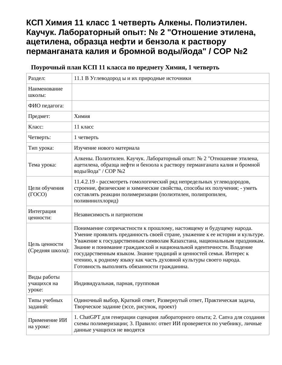 КСП Химия 11 класс 1 четверть Алкены. Полиэтилен. Каучук. Лабораторный опыт: № 2 "Отношение этилена, ацетилена, образца нефти и бензола к раствору перманганата калия и бромной воды/йода" / СОР №2