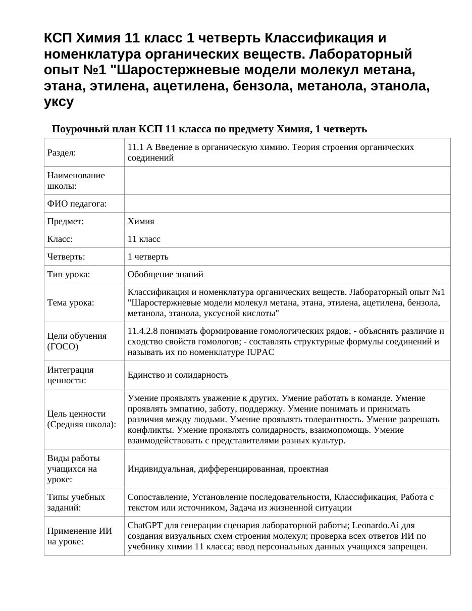 КСП Химия 11 класс 1 четверть Классификация и номенклатура органических веществ. Лабораторный опыт №1 "Шаростержневые модели молекул метана, этана, этилена, ацетилена, бензола, метанола, этанола, уксу
