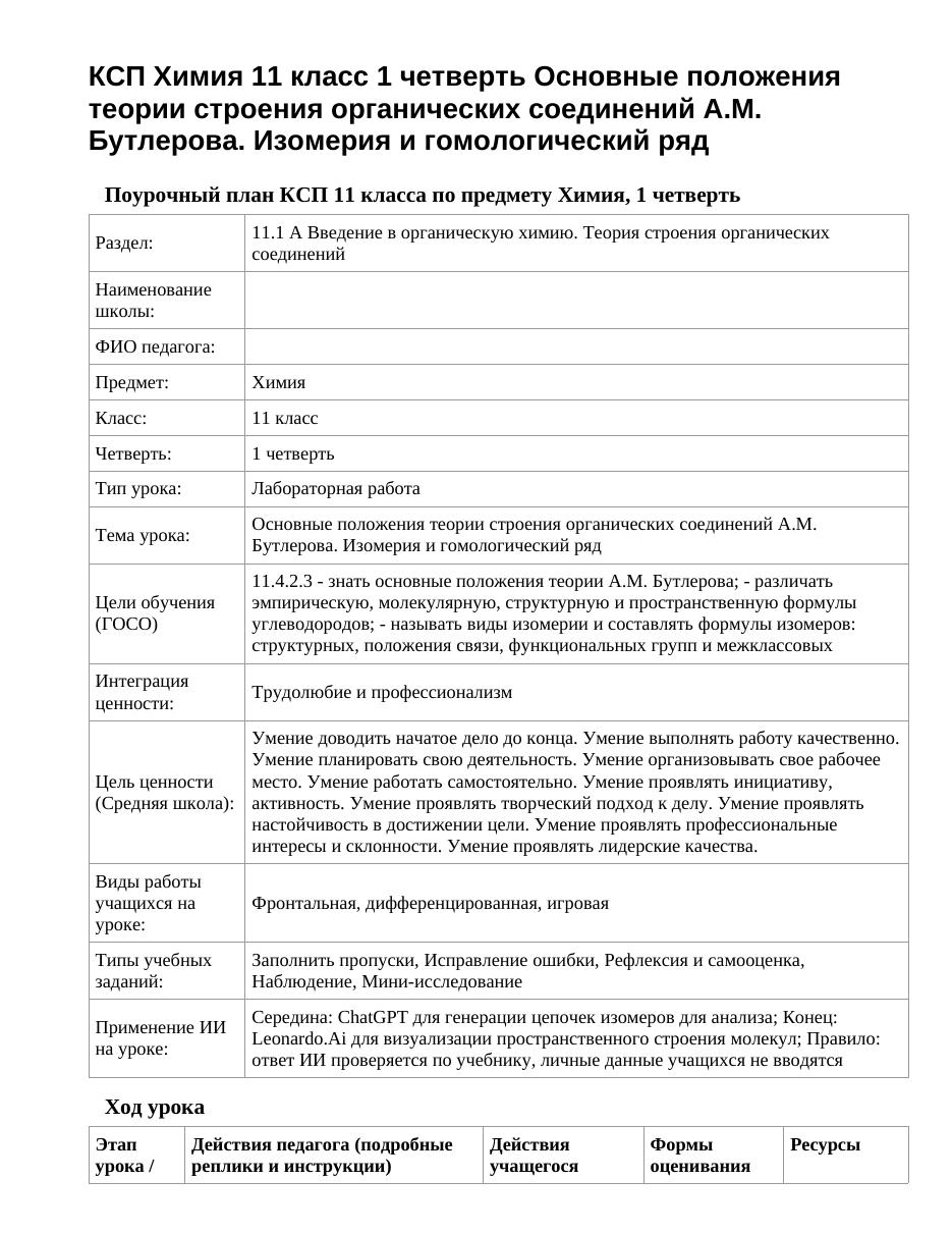 КСП Химия 11 класс 1 четверть Основные положения теории строения органических соединений А.М. Бутлерова. Изомерия и гомологический ряд