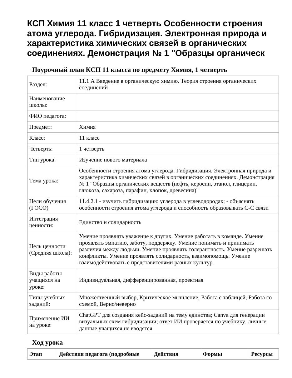 КСП Химия 11 класс 1 четверть Особенности строения атома углерода. Гибридизация. Электронная природа и характеристика химических связей в органических соединениях. Демонстрация № 1 "Образцы органическ