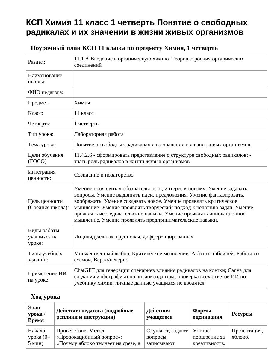 КСП Химия 11 класс 1 четверть Понятие о свободных радикалах и их значении в жизни живых организмов