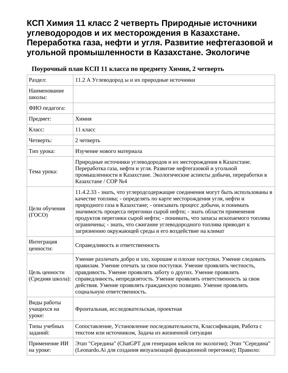 КСП Химия 11 класс 2 четверть Природные источники углеводородов и их месторождения в Казахстане. Переработка газа, нефти и угля. Развитие нефтегазовой и угольной промышленности в Казахстане. Экологиче