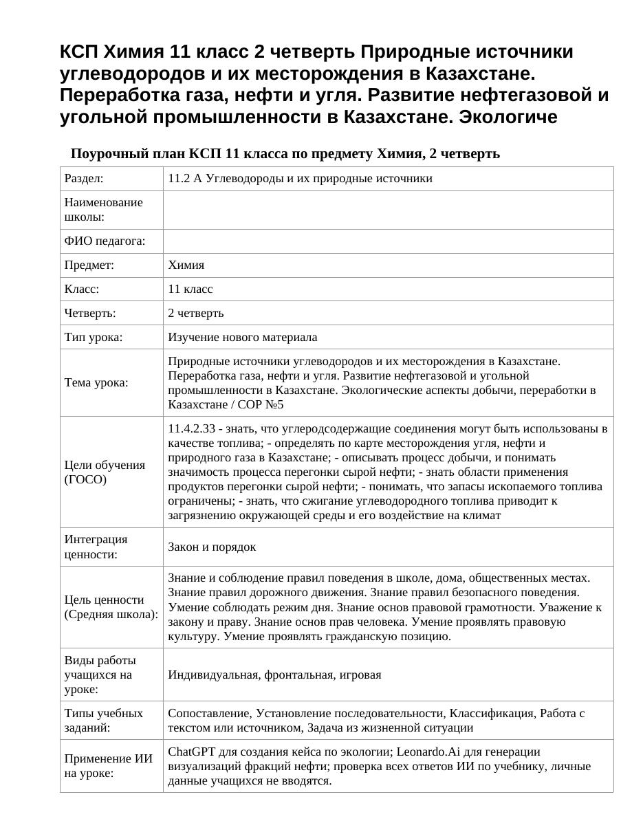 КСП Химия 11 класс 2 четверть Природные источники углеводородов и их месторождения в Казахстане. Переработка газа, нефти и угля. Развитие нефтегазовой и угольной промышленности в Казахстане. Экологиче