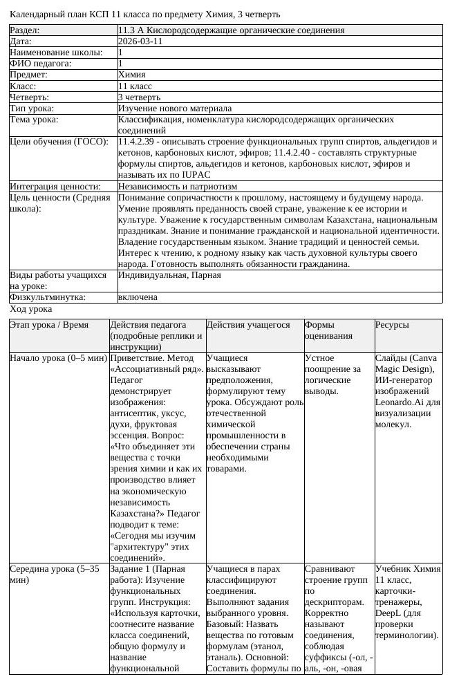 КСП Химия 11класс 3 четверть Классификация номенклатура кислородсодержащи