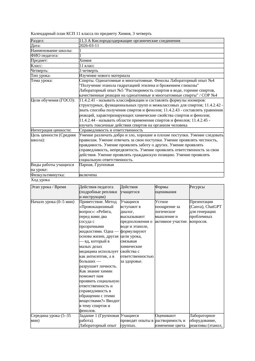 КСП Химия 11класс 3 четверть Спирты Одноатомные и многоатомные Фенолы