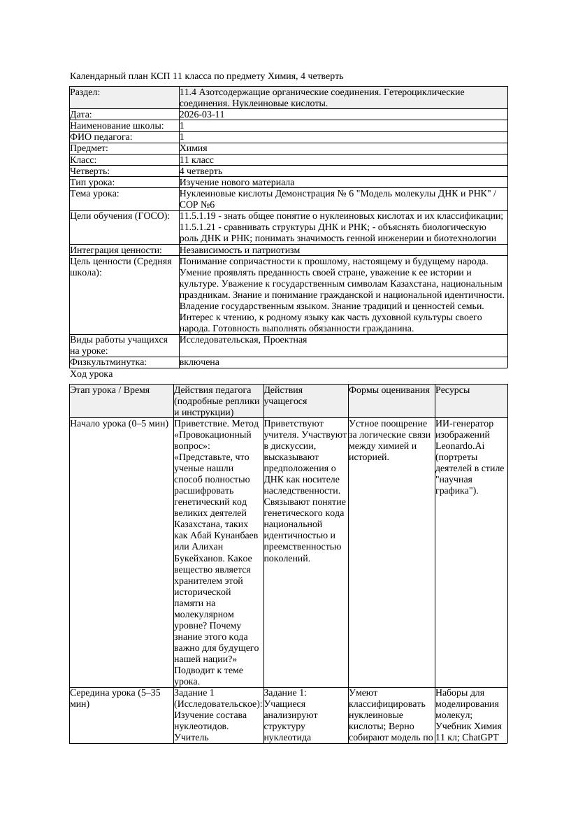 КСП Химия 11класс 4 четверть Нуклеиновые кислоты Демонстрация 6
