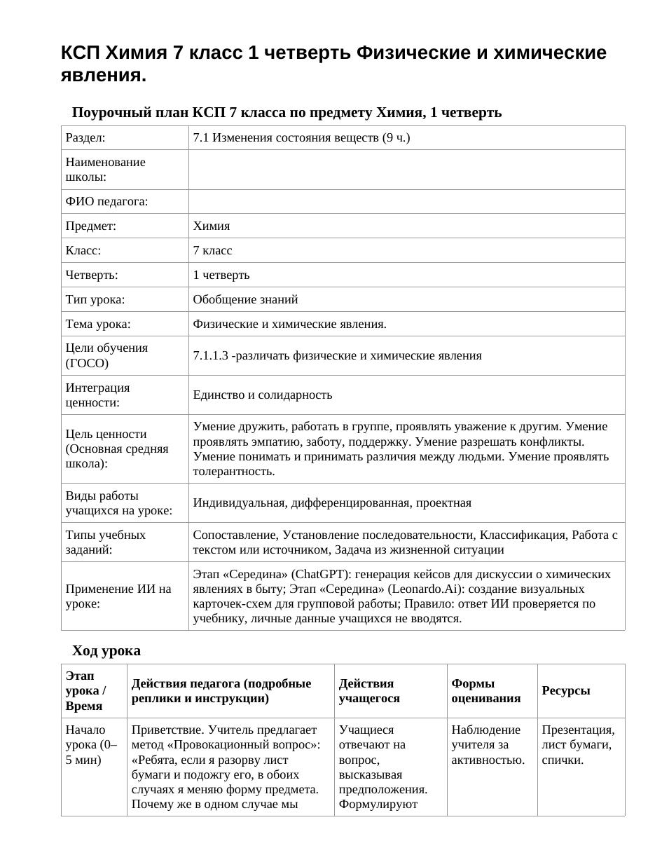 КСП Химия 7 класс 1 четверть Физические и химические явления.
