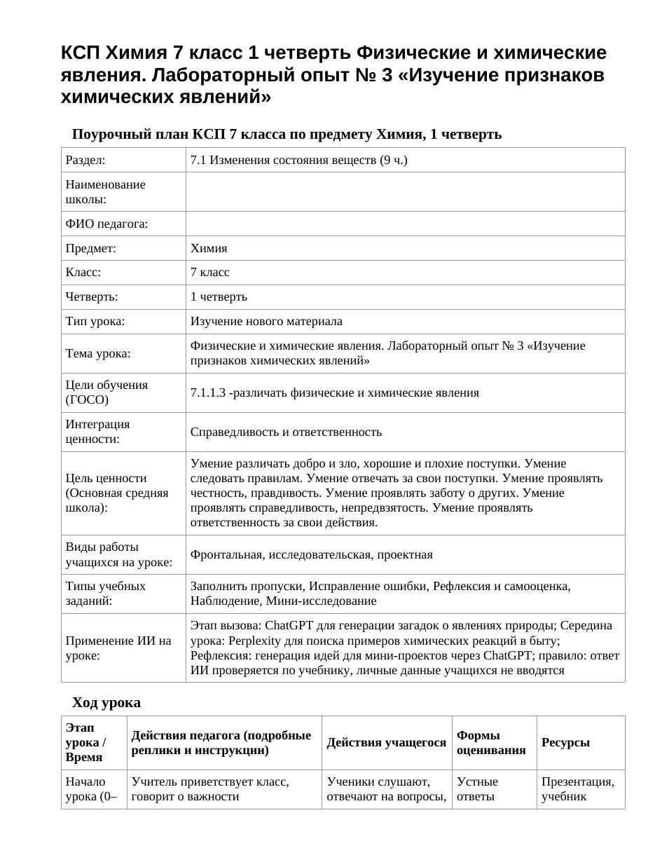 КСП Химия 7 класс 1 четверть Физические и химические явления. Лабораторный опыт № 3 «Изучение признаков химических явлений»