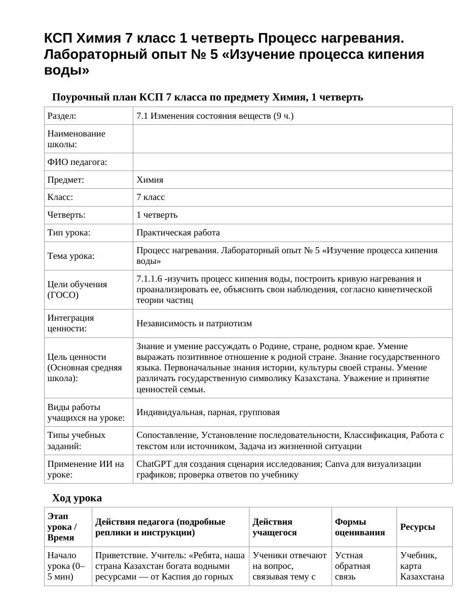 КСП Химия 7 класс 1 четверть Процесс нагревания. Лабораторный опыт № 5 «Изучение процесса кипения воды»
