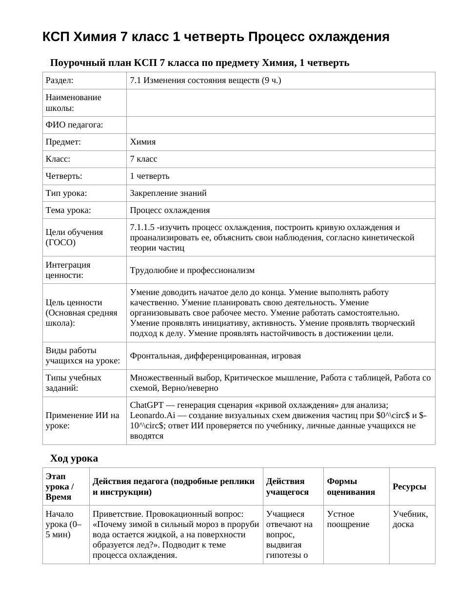 КСП Химия 7 класс 1 четверть Процесс охлаждения