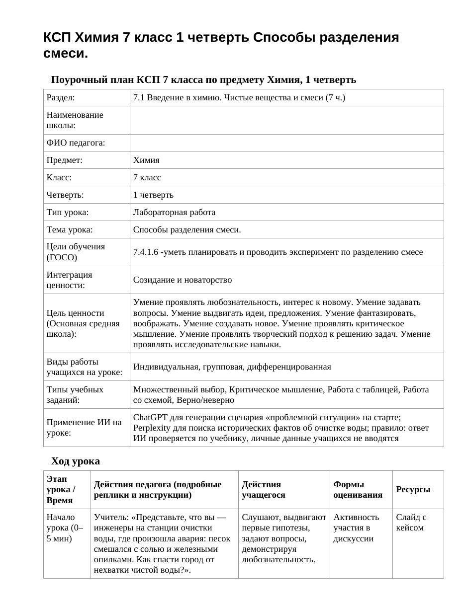 КСП Химия 7 класс 1 четверть Способы разделения смеси.