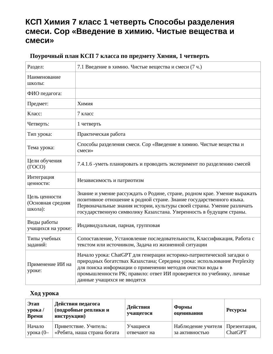 КСП Химия 7 класс 1 четверть Способы разделения смеси. Сор «Введение в химию. Чистые вещества и смеси»