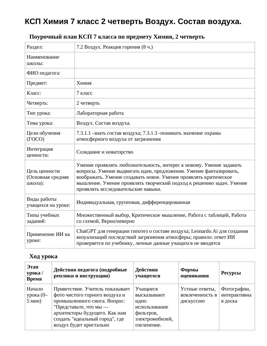 КСП Химия 7 класс 2 четверть Воздух. Состав воздуха.
