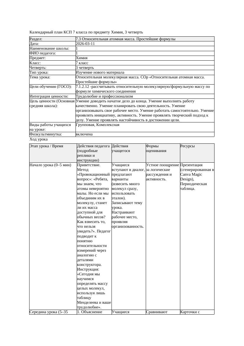 КСП Химия 7класс 3 четверть Относительная молекулярная масса СОр