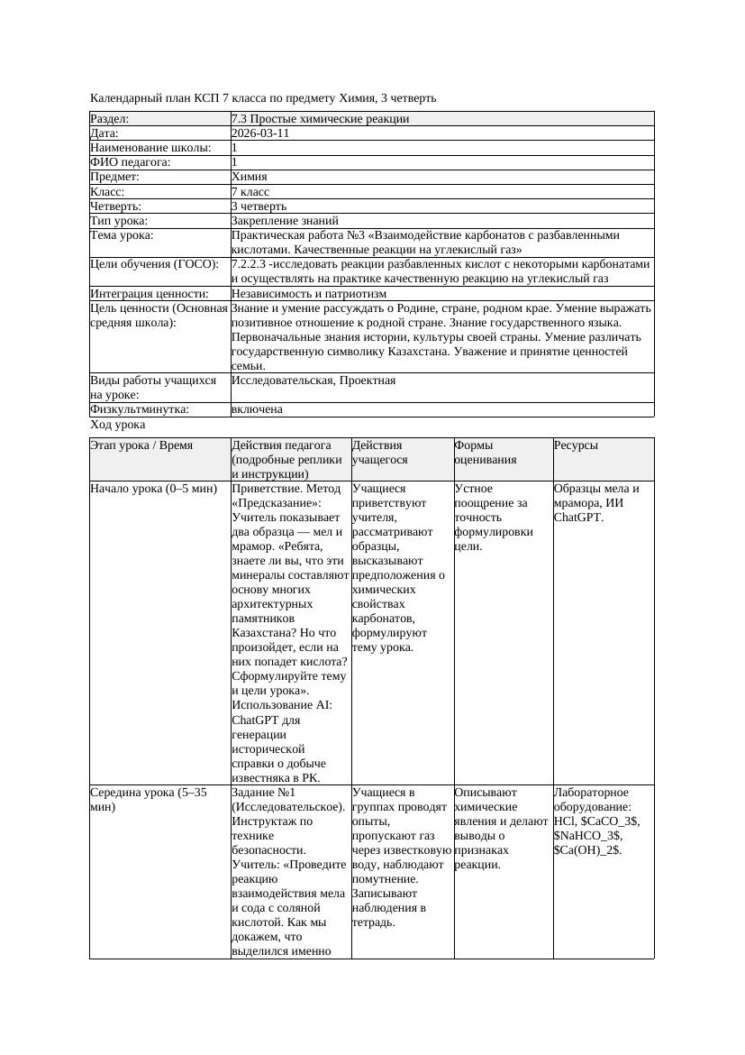 КСП Химия 7класс 3 четверть Практическая работа 3 Взаимодействие