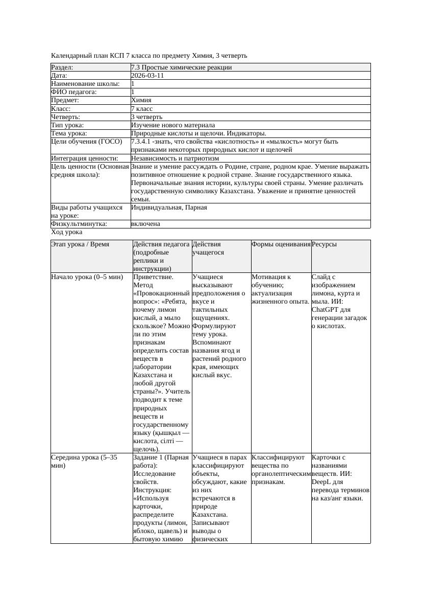 КСП Химия 7класс 3 четверть Природные кислоты и щелочи Индикаторы