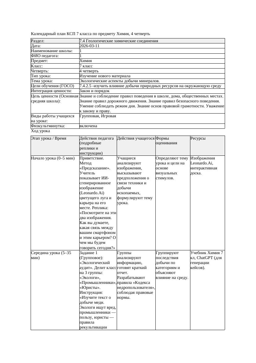 КСП Химия 7класс 4 четверть Экологические аспекты добычи минералов