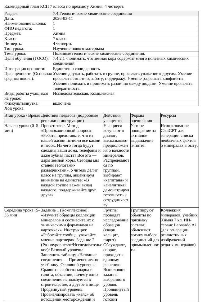 КСП Химия 7класс 4 четверть Полезные геологические химические соединения