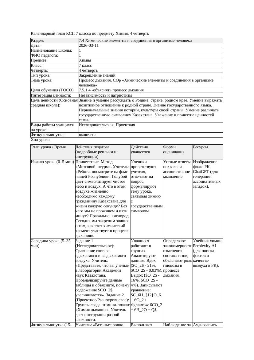 КСП Химия 7класс 4 четверть Процесс дыхания СОр Химические элементы