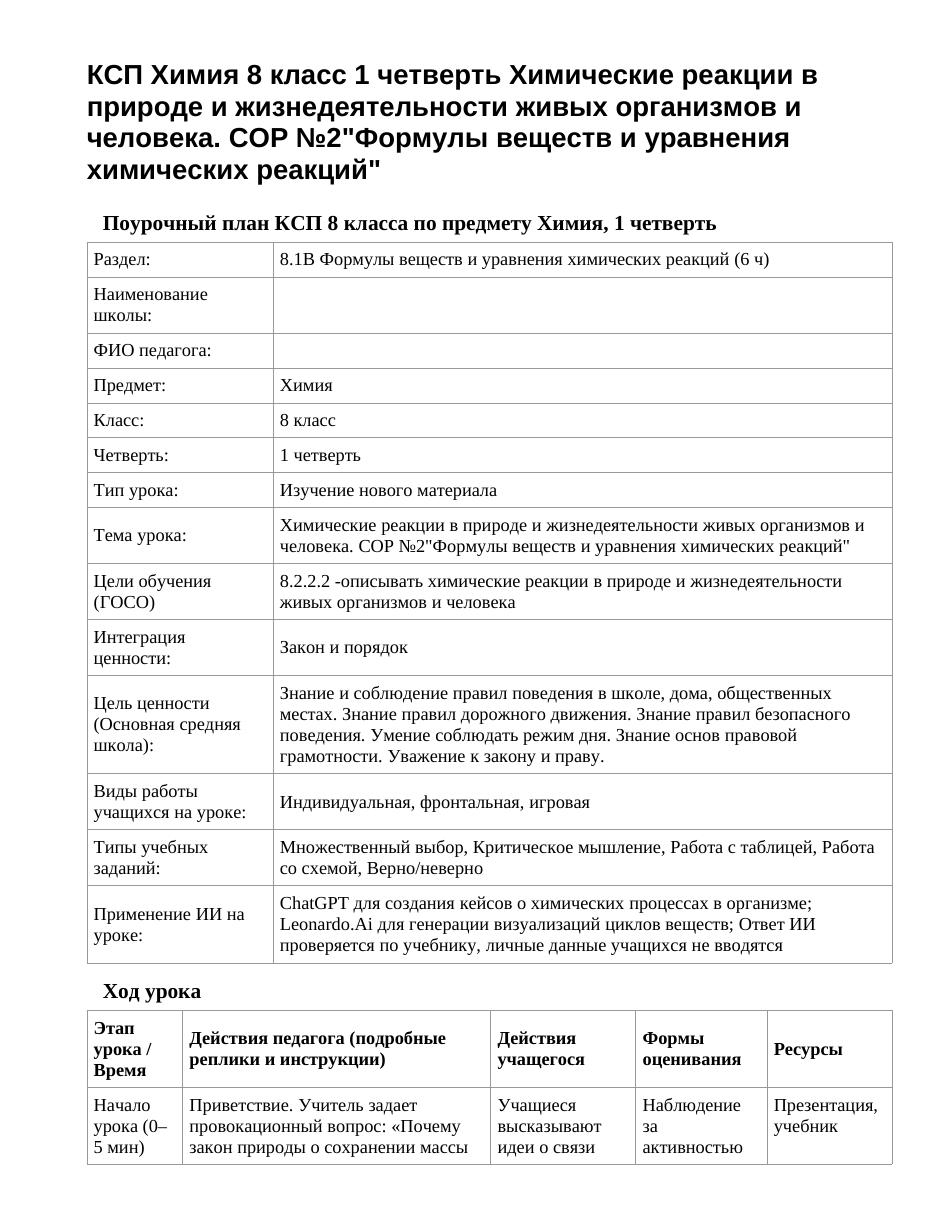 КСП Химия 8 класс 1 четверть Химические реакции в природе и жизнедеятельности живых организмов и человека. СОР №2"Формулы веществ и уравнения химических реакций"