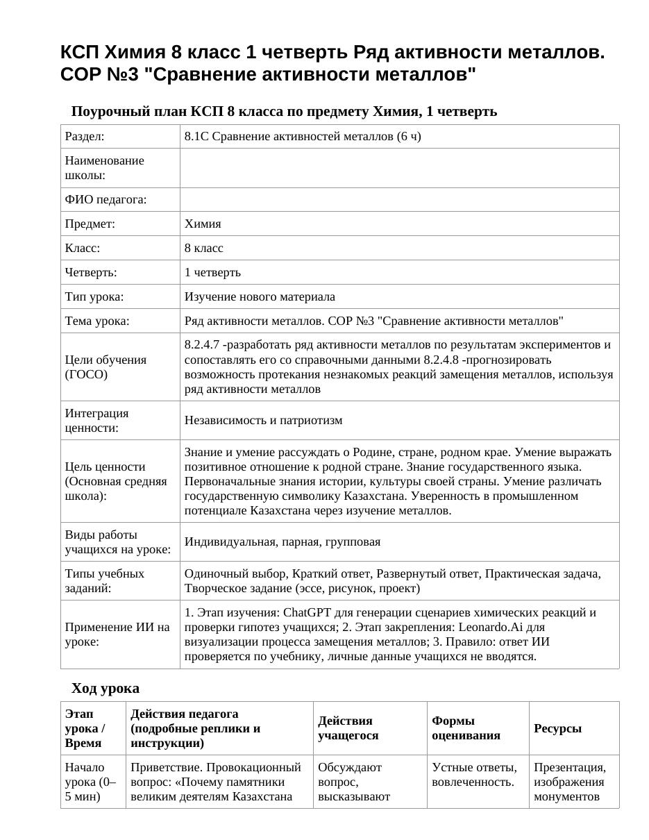 КСП Химия 8 класс 1 четверть Ряд активности металлов. СОР №3 "Сравнение активности металлов"