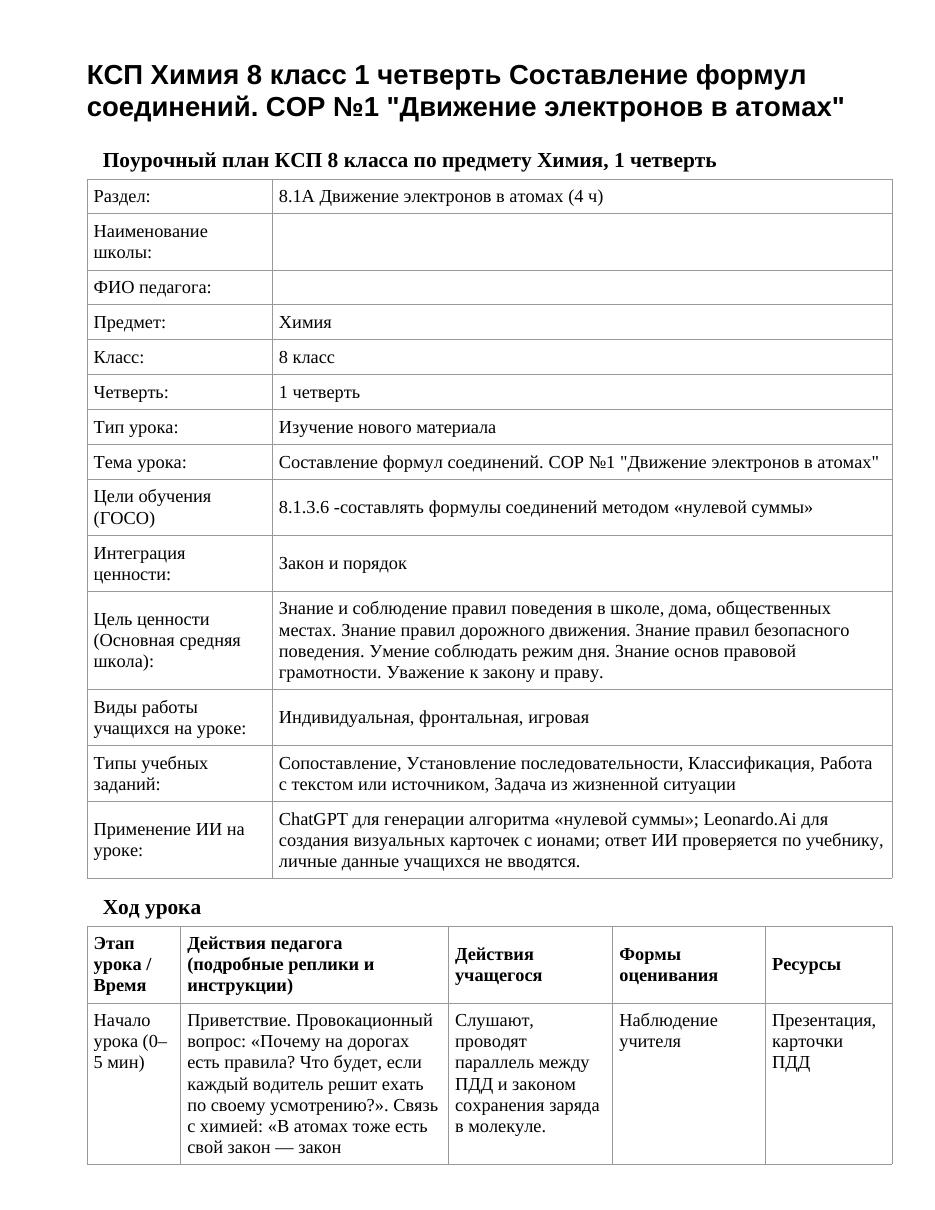 КСП Химия 8 класс 1 четверть Составление формул соединений. СОР №1 "Движение электронов в атомах"