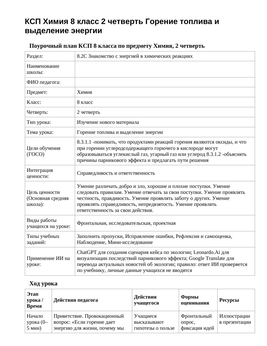 КСП Химия 8 класс 2 четверть Горение топлива и выделение энергии
