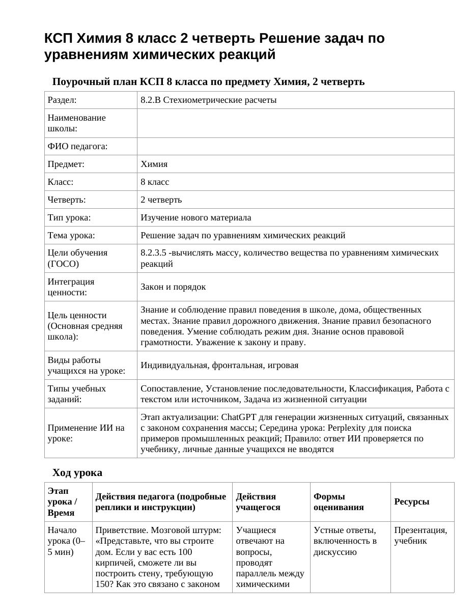 КСП Химия 8 класс 2 четверть Решение задач по уравнениям химических реакций