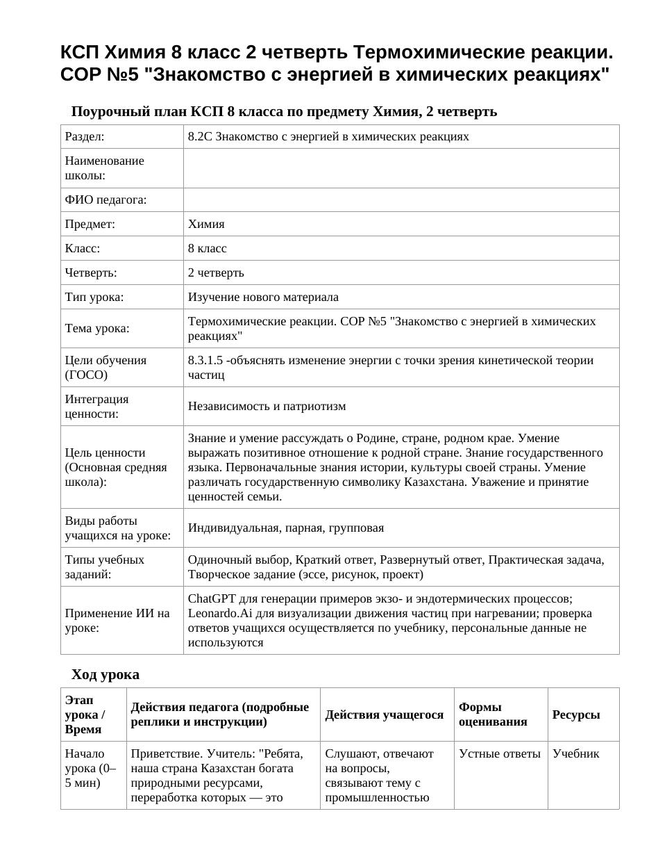 КСП Химия 8 класс 2 четверть Термохимические реакции. СОР №5 "Знакомство с энергией в химических реакциях"