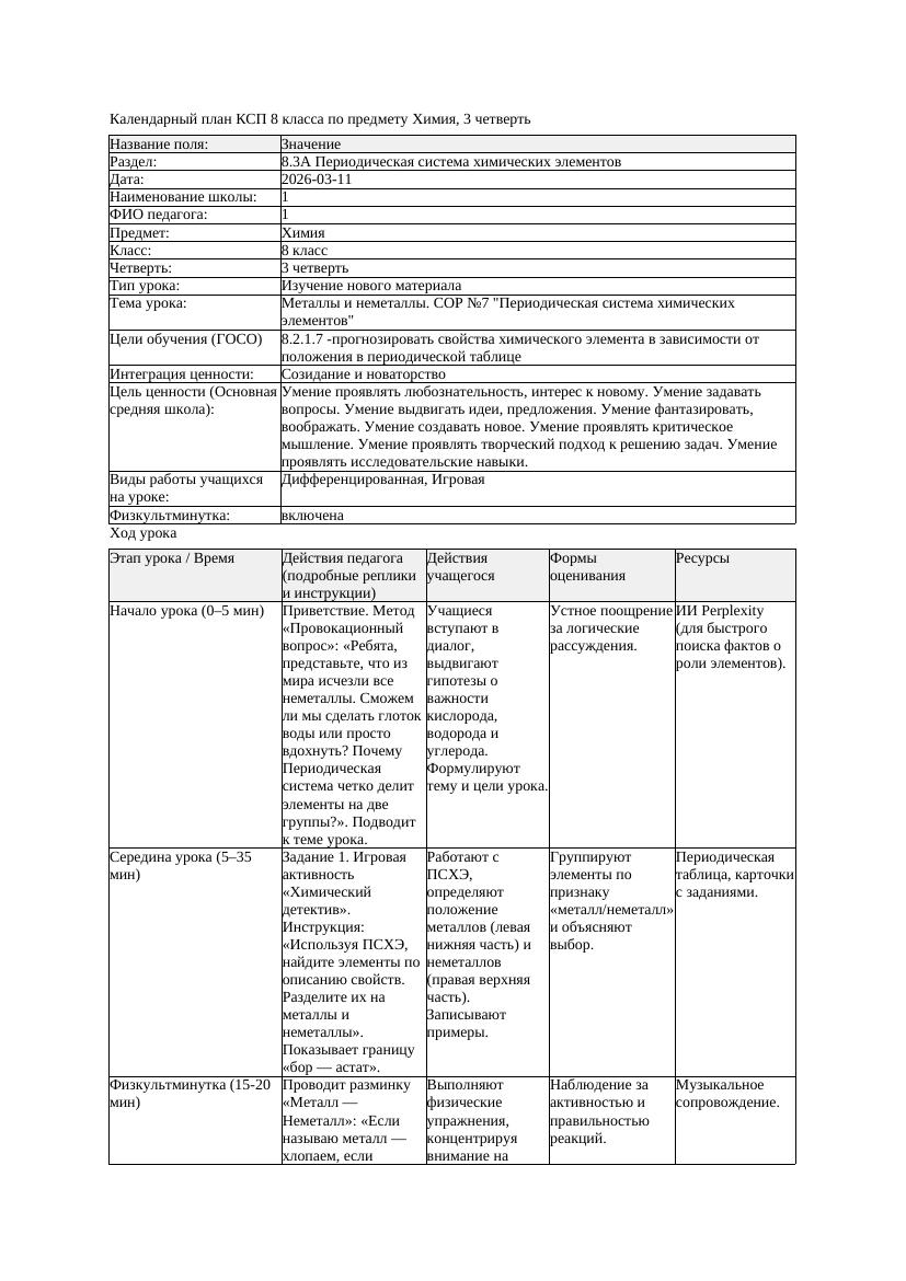 КСП Химия 8класс 3 четверть Металлы и неметаллы СОР 7 Периодическая