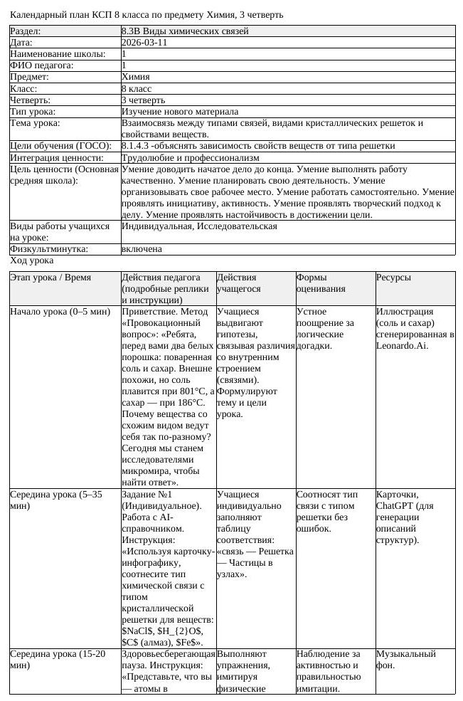КСП Химия 8класс 3 четверть Взаимосвязь между типами связей видами