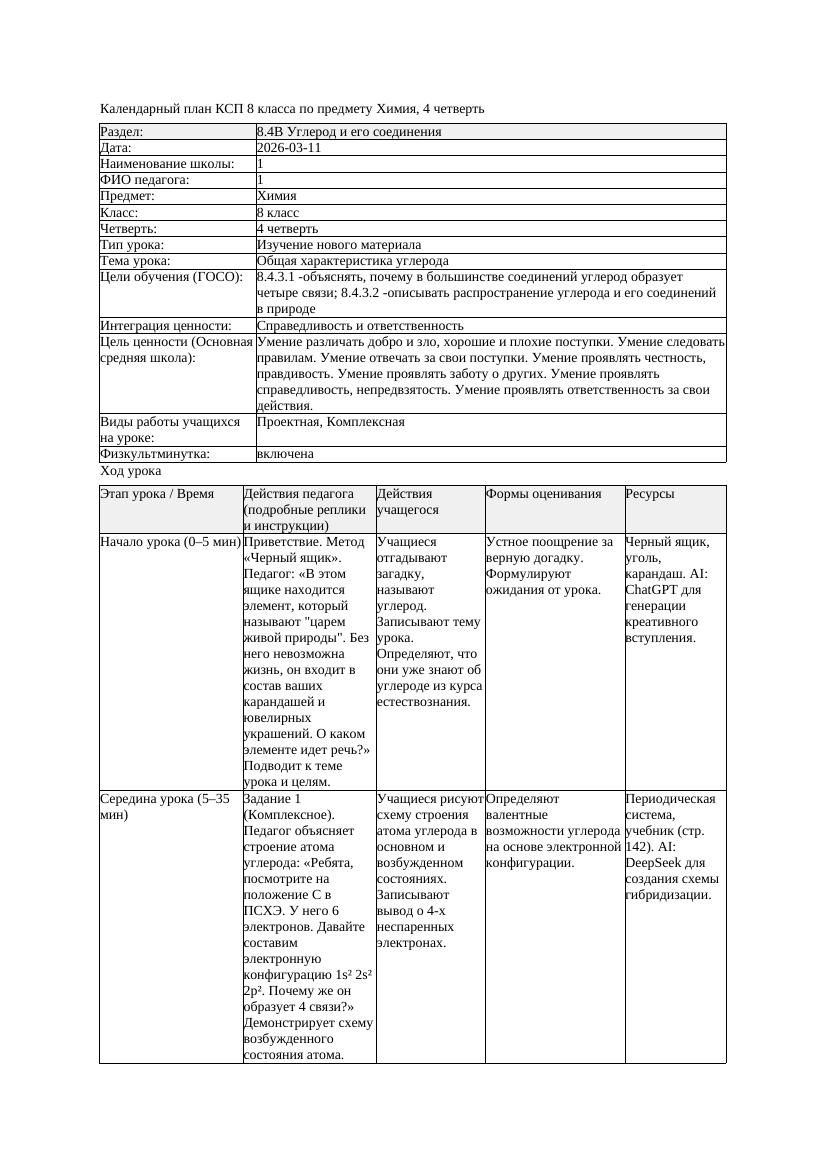 КСП Химия 8класс 4 четверть Общая характеристика углерода 20260311