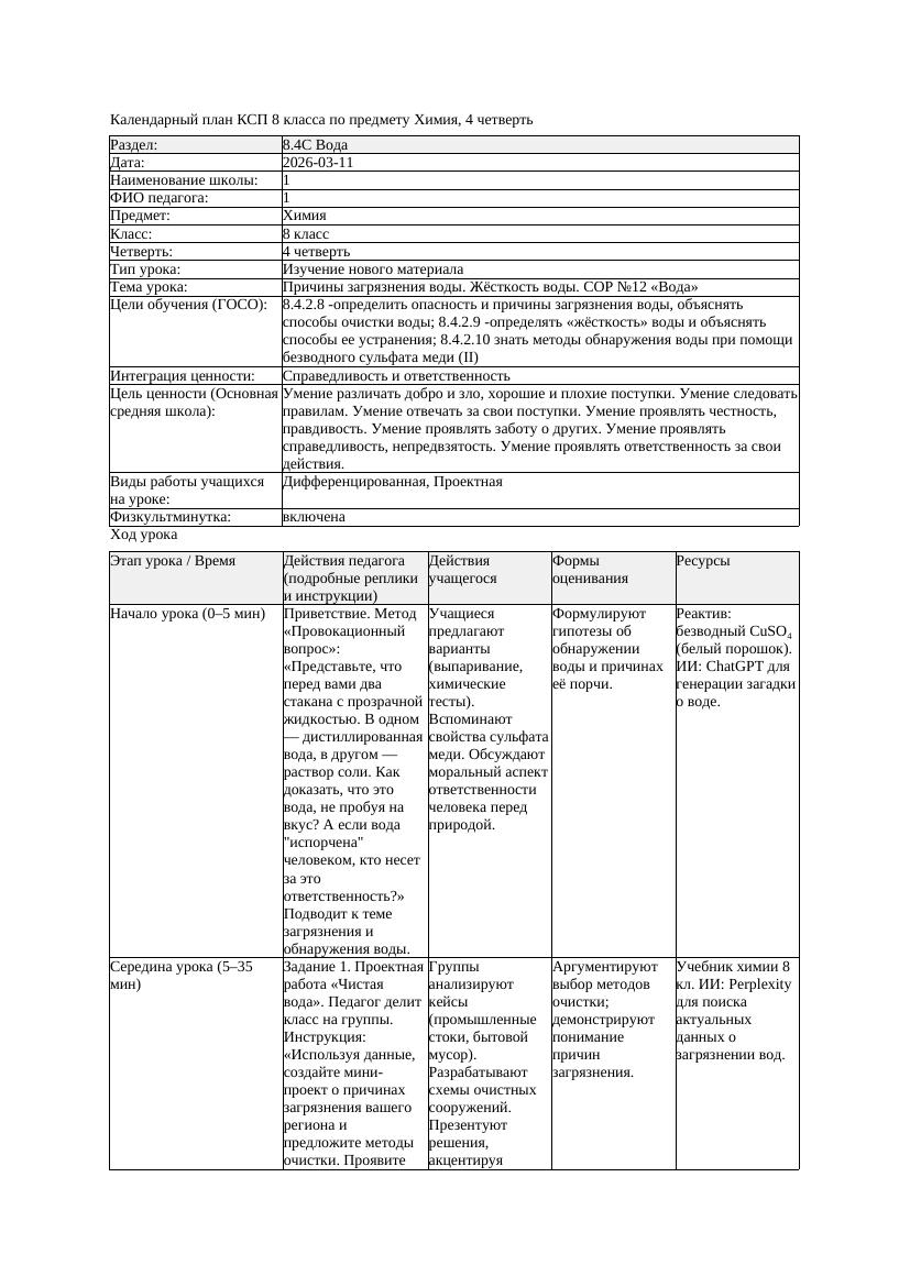 КСП Химия 8класс 4 четверть Причины загрязнения воды Жёсткость воды