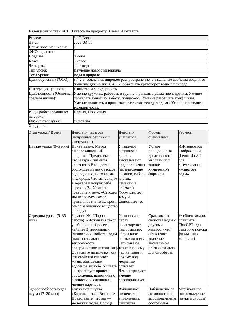 КСП Химия 8класс 4 четверть Вода в природе 20260311 docx