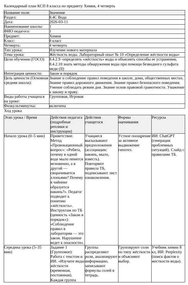 КСП Химия 8класс 4 четверть Жёсткость воды Лабораторный опыт 10