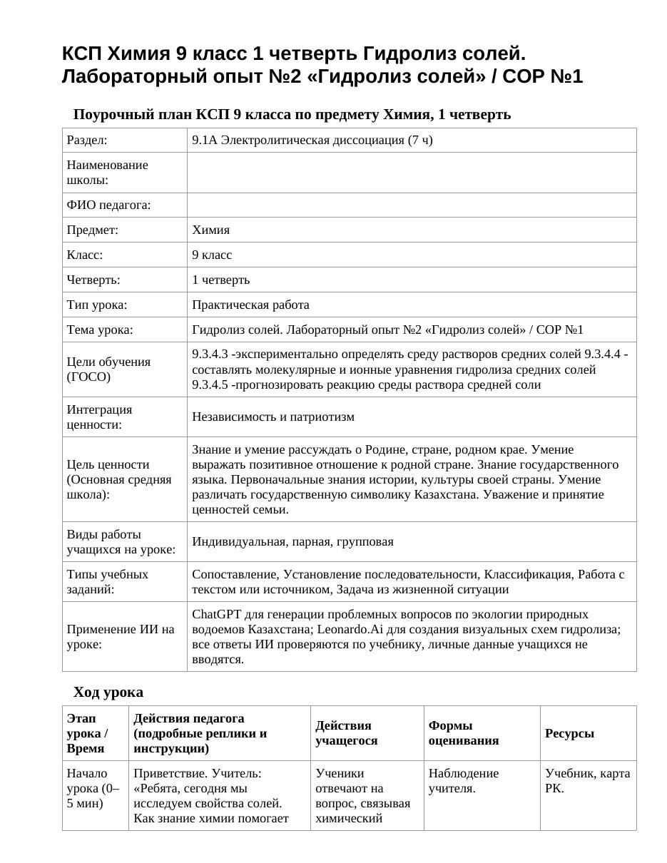 КСП Химия 9 класс 1 четверть Гидролиз солей. Лабораторный опыт №2 «Гидролиз солей» / СОР №1