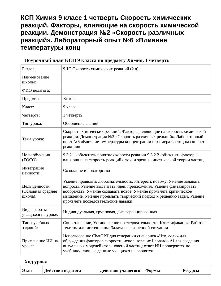 КСП Химия 9 класс 1 четверть Скорость химических реакций. Факторы, влияющие на скорость химической реакции. Демонстрация №2 «Скорость различных реакций». Лабораторный опыт №6 «Влияние температуры конц