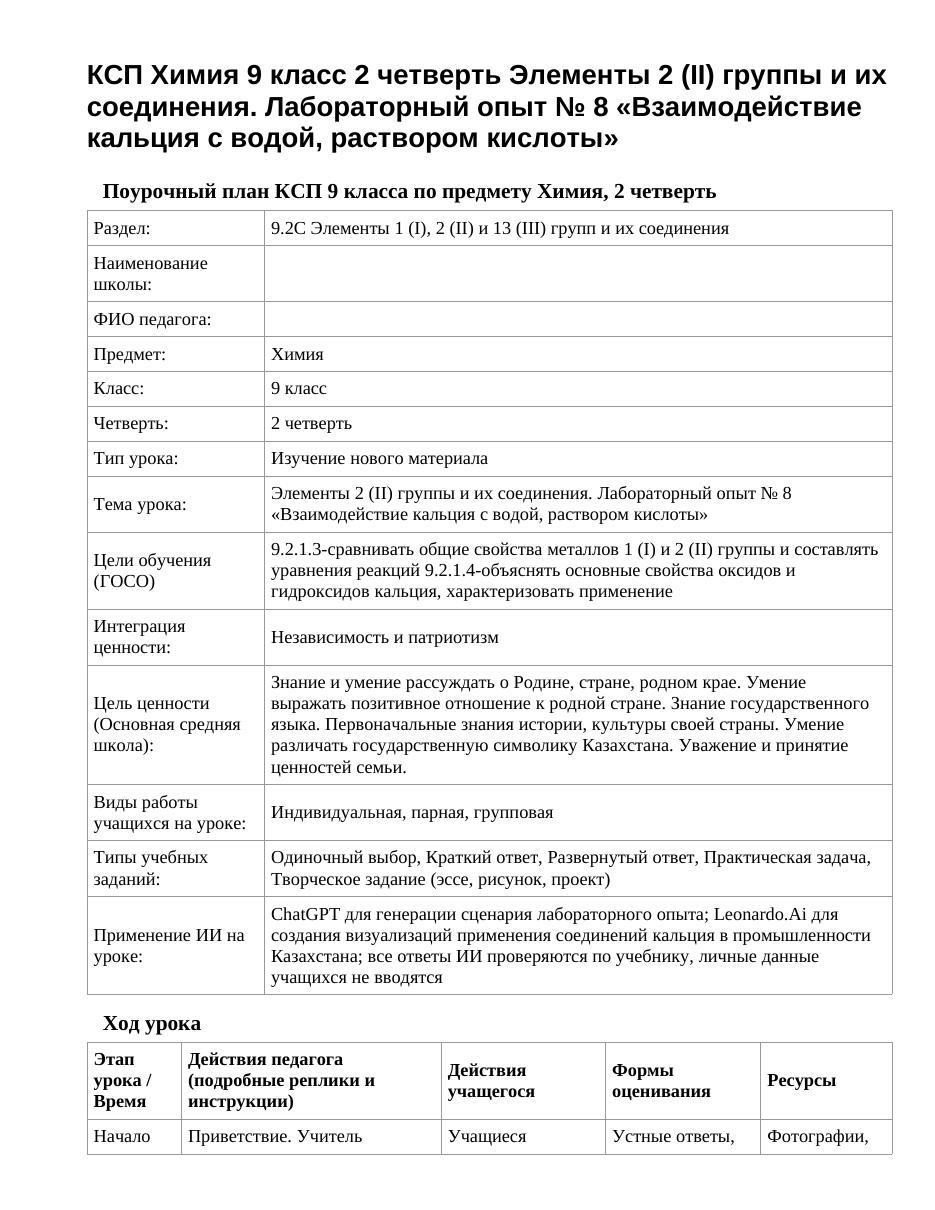 КСП Химия 9 класс 2 четверть Элементы 2 (II) группы и их соединения. Лабораторный опыт № 8 «Взаимодействие кальция с водой, раствором кислоты»