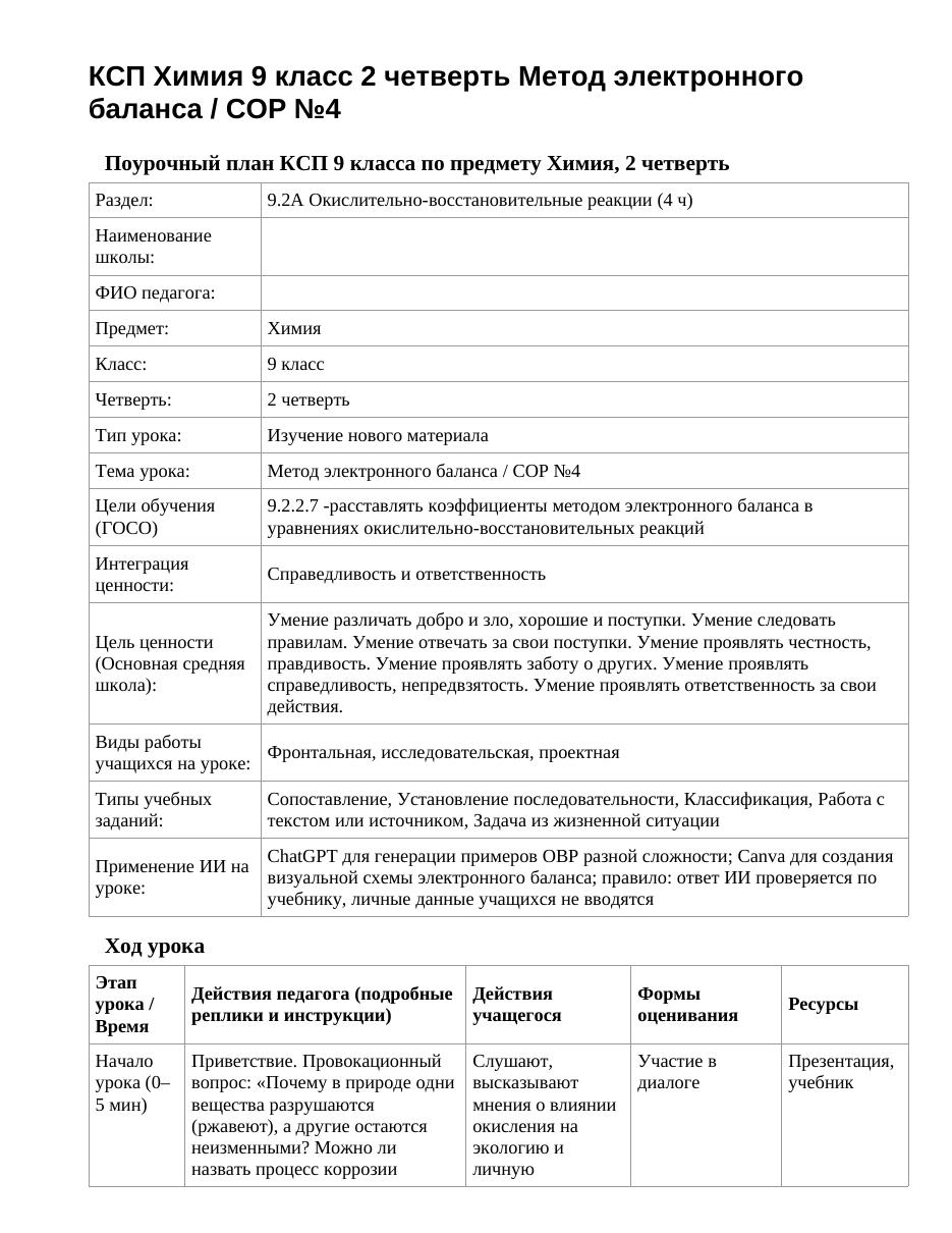 КСП Химия 9 класс 2 четверть Метод электронного баланса / СОР №4