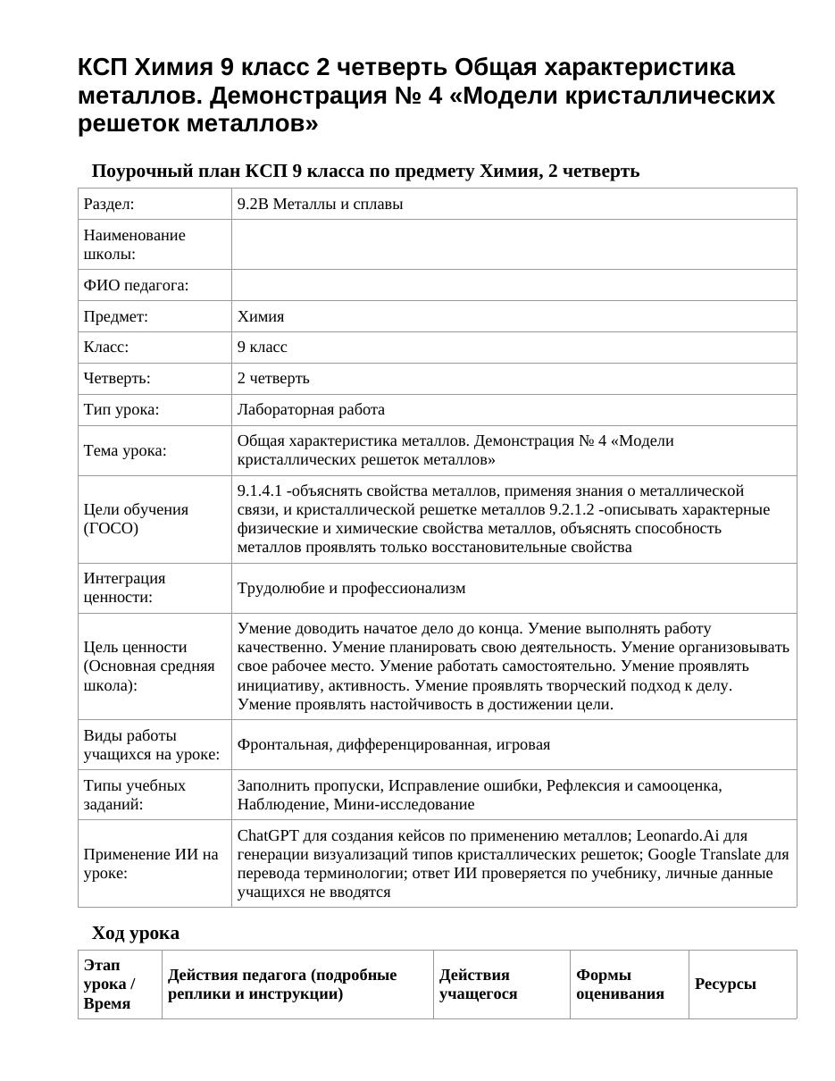 КСП Химия 9 класс 2 четверть Общая характеристика металлов. Демонстрация № 4 «Модели кристаллических решеток металлов»