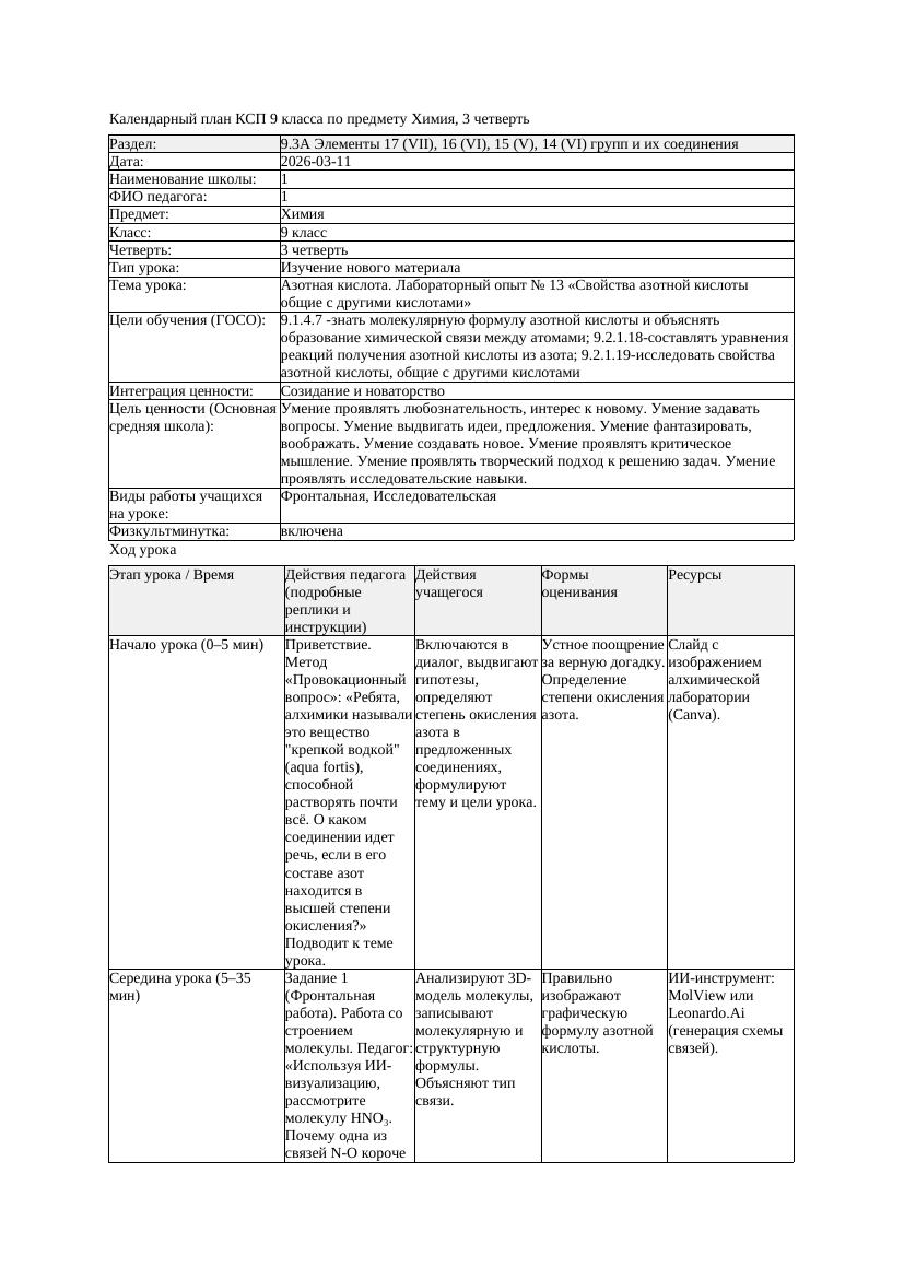 КСП Химия 9класс 3 четверть Азотная кислота Лабораторный опыт 13